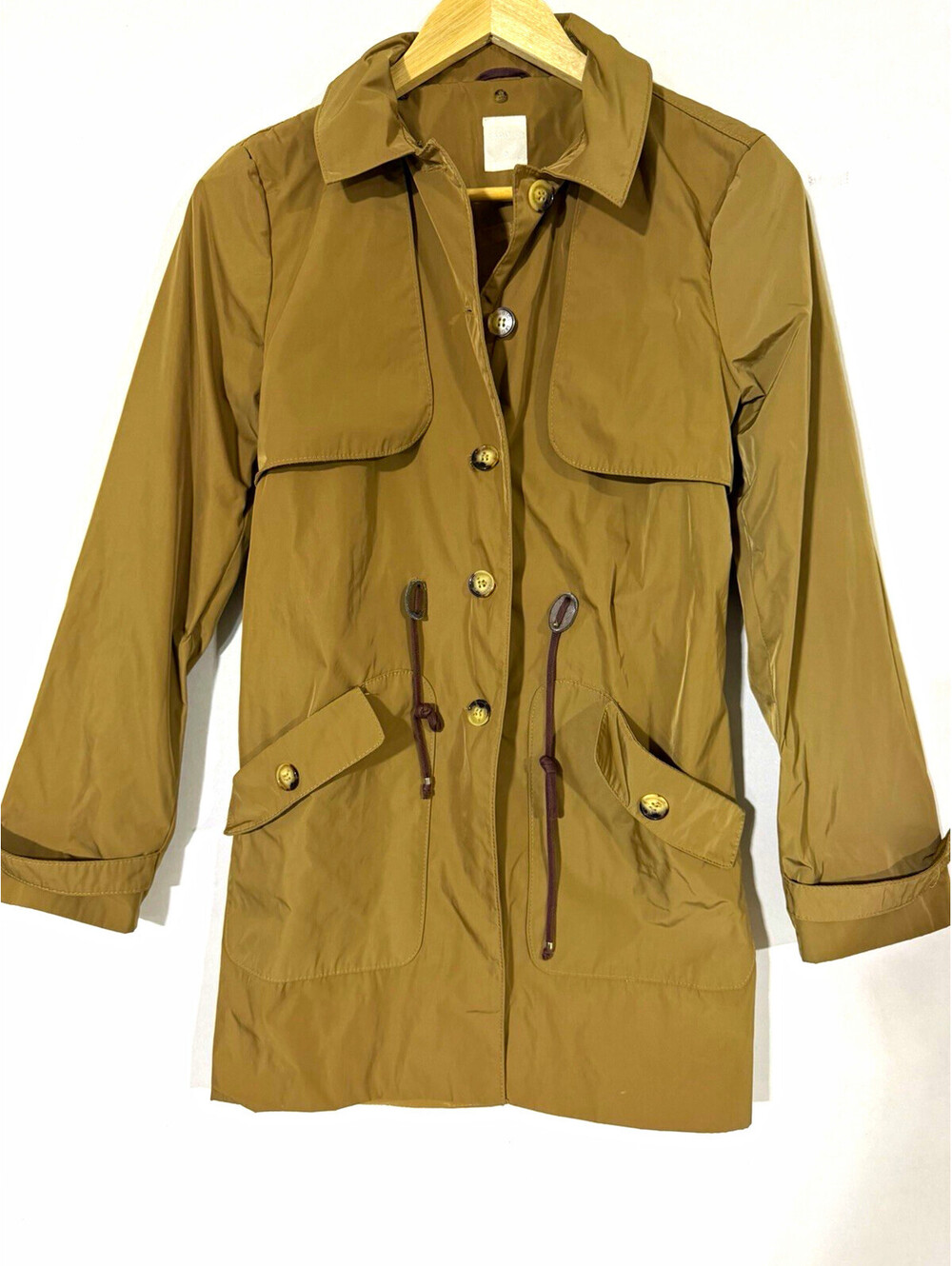Yargici Brown Mid-Length Rain Coat Size 8 Button Front Pockets Long Sleeve